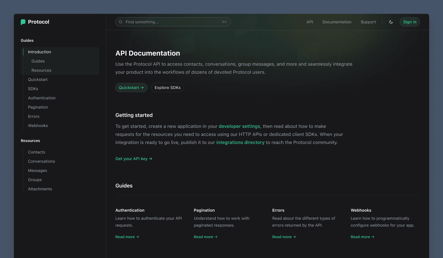 The Protocol template design in dark mode